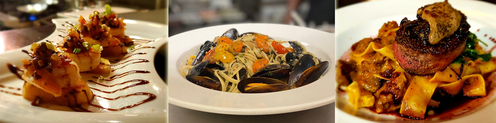 A white plate topped with pasta and mussels.