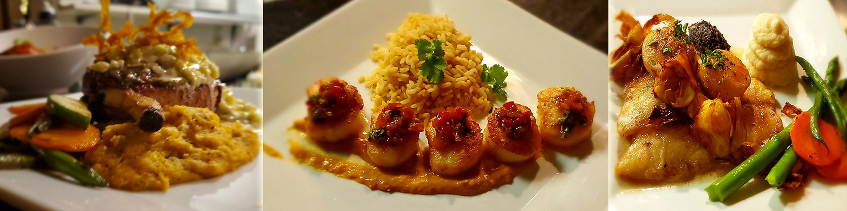 A plate of food with rice and scallops.