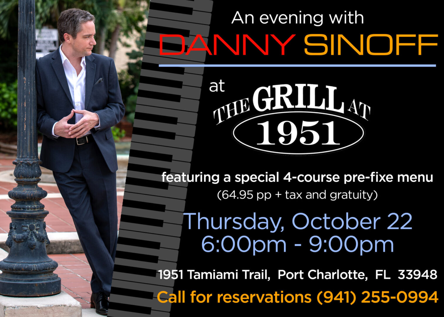 Promotional poster for “An Evening With Danny Sinoff” event at The Grill At 1951