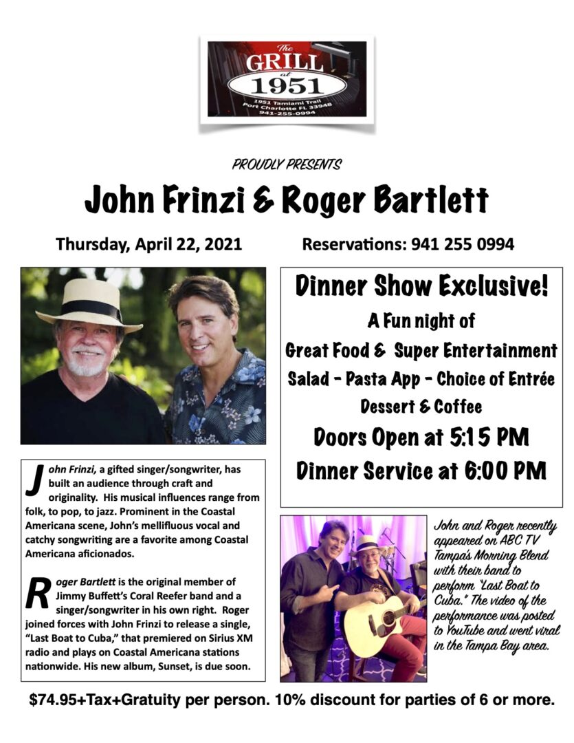 Promotional poster for a live performance by John Frinzi and Roger Bartlett at The Grill At 1951