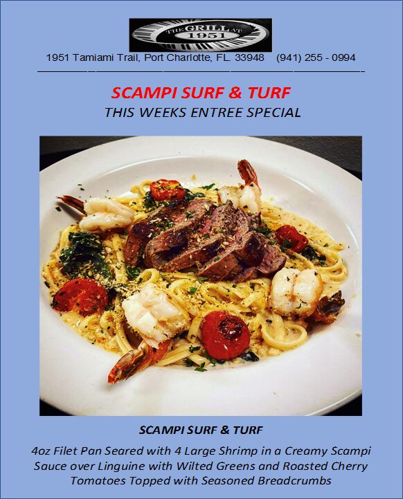Promotional poster for the Entrée Special of the week – Scampi Surf and Turf