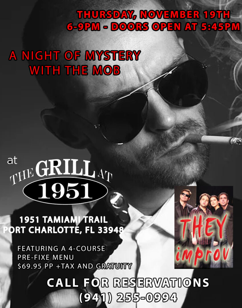 Promotional poster for improv show called “A Night of Mystery With The Mob” at The Grill At 1951