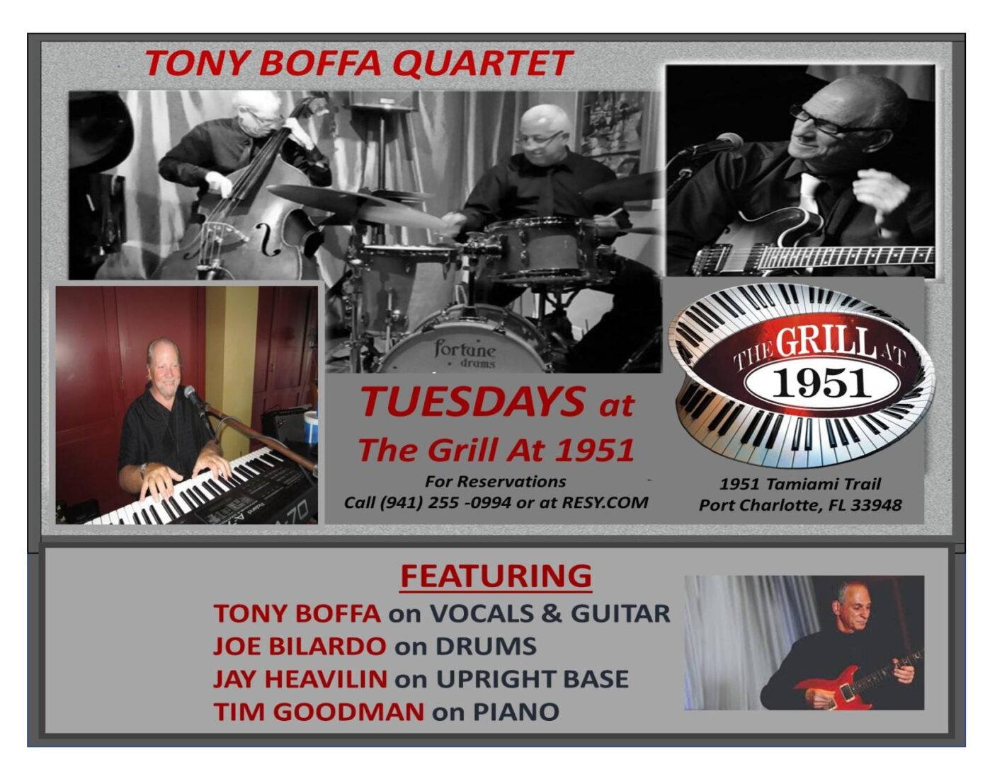 Promotional poster for the Tony Boffa Quartet’s live music show at The Grill At 1951