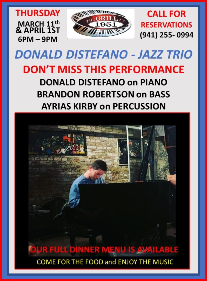 Colored promotional poster for Donald Distefano – Jazz Trio’s musical performance at The Grill at 1951