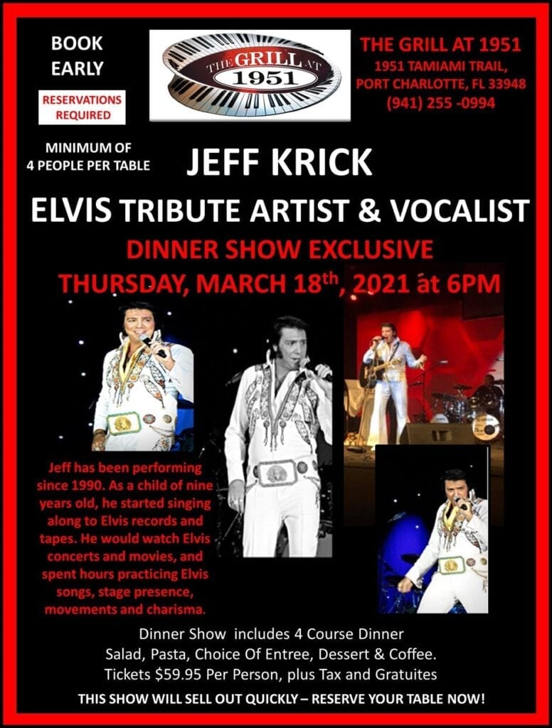 Colored promotional poster for Jeff Krick’s Elvis tribute performance at The Grill at 1951