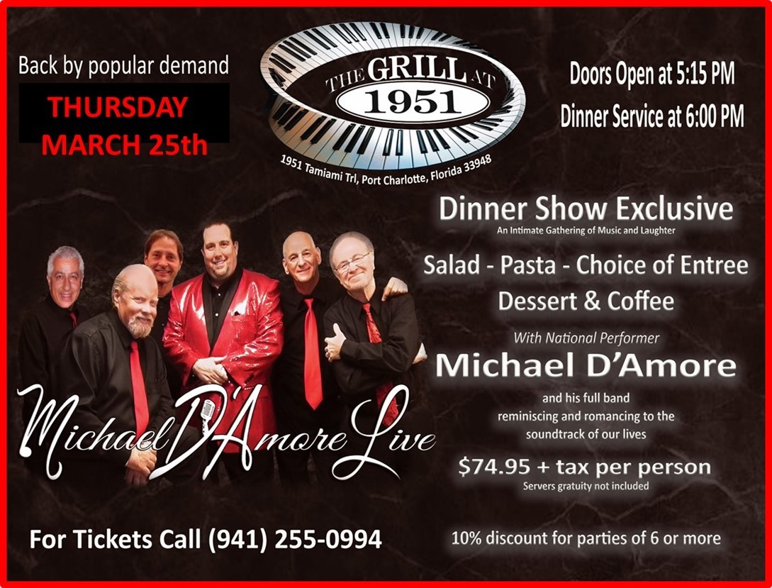 Promotional poster for Michael D’Amore and his band’s live performance at The Grill At 1951