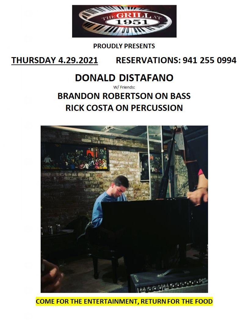 Promotional poster for a live music performance by Donald Distefano with friends at The Grill At 1951