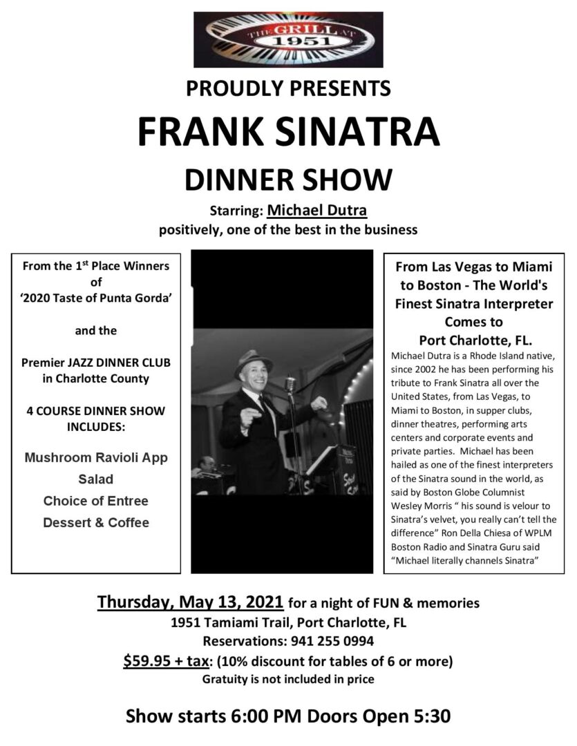Promotional poster for a Frank Sinatra tribute dinner show at The Grill At 1951