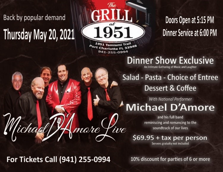 Promotional poster for Michael D’Amore and his band’s dinner show exclusive at The Grill At 1951