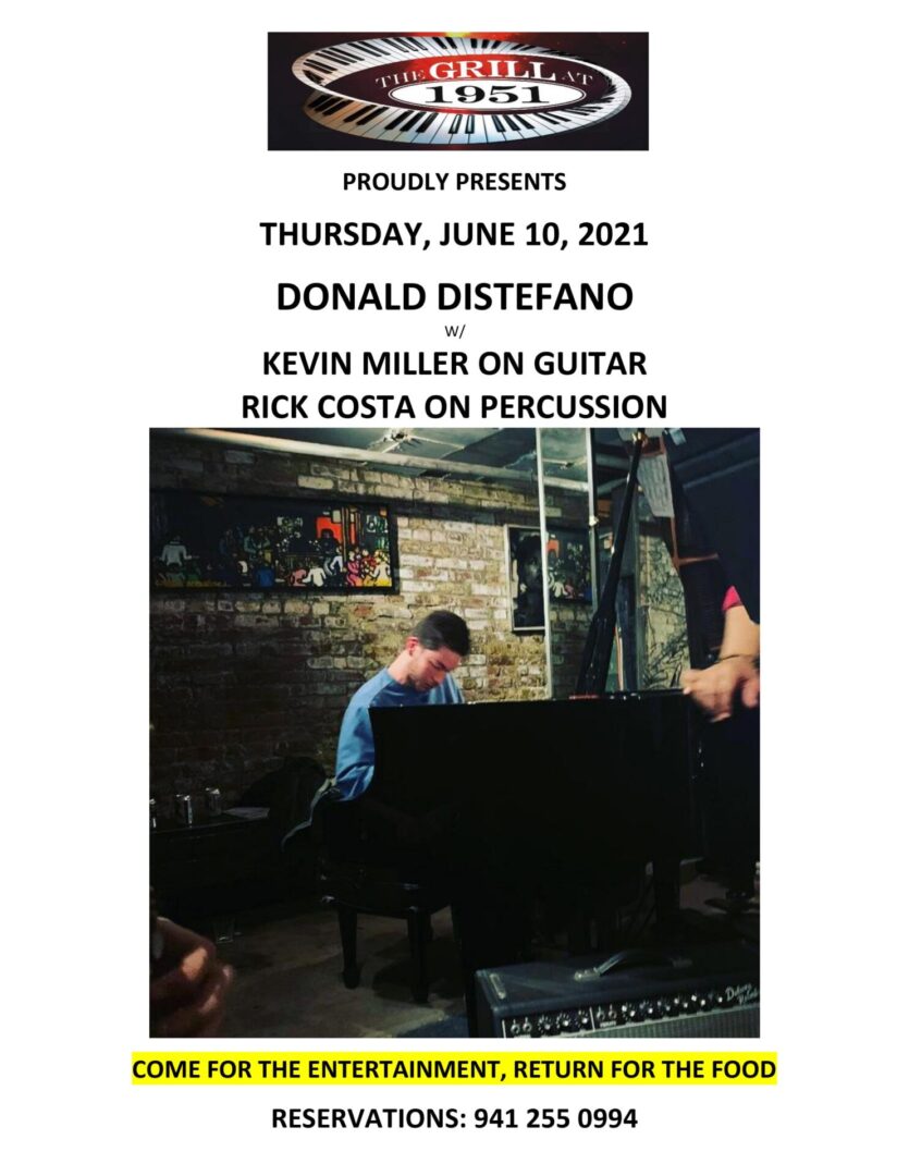 Promotional poster for a live music performance by Donald Distefano at The Grill At 1951