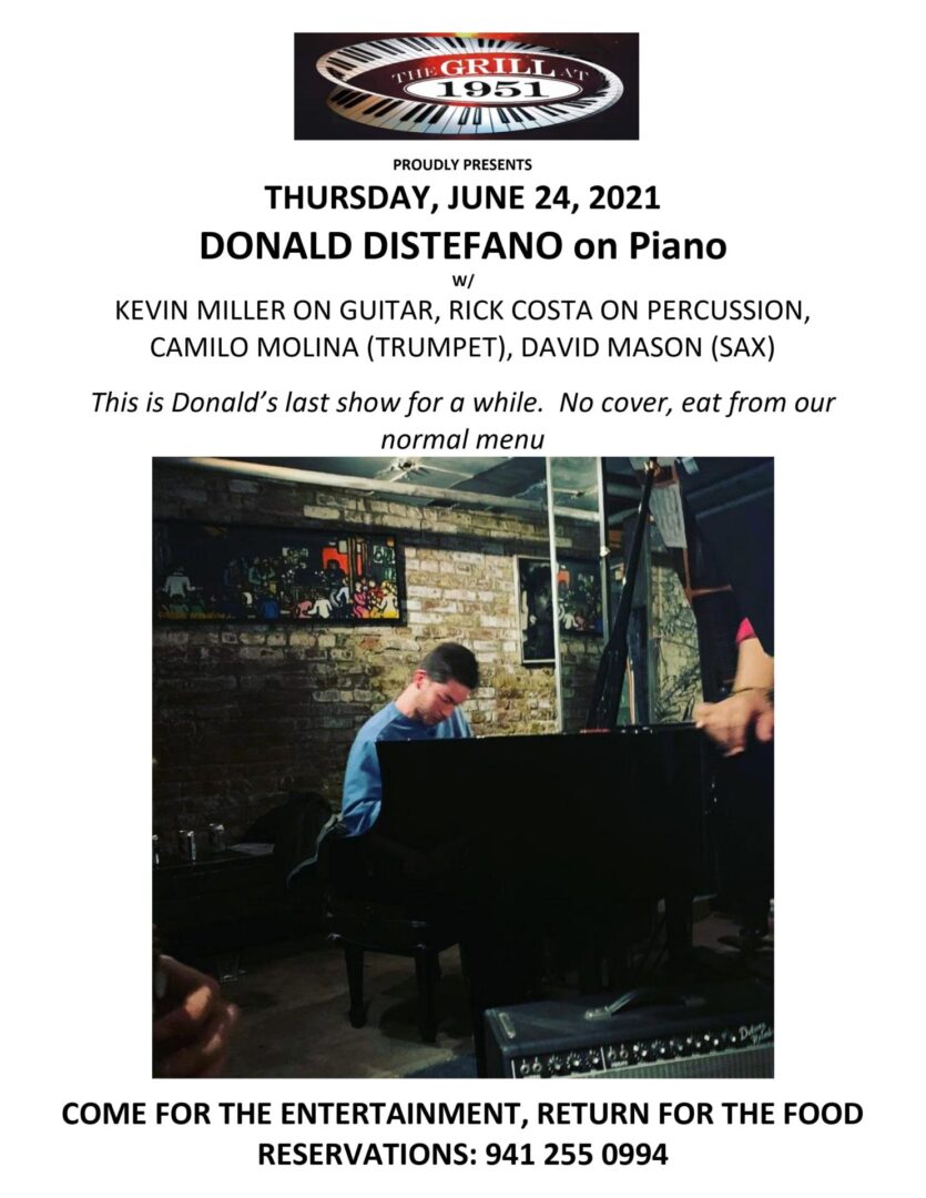 Promotional poster for a live music performance by Donald Distefano with session musicians at The Grill At 1951