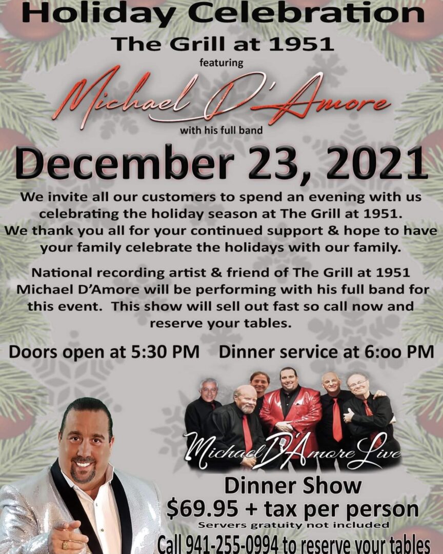 Promotional poster for Michael D’Amore’s dinner show with his full band at The Grill at 1951