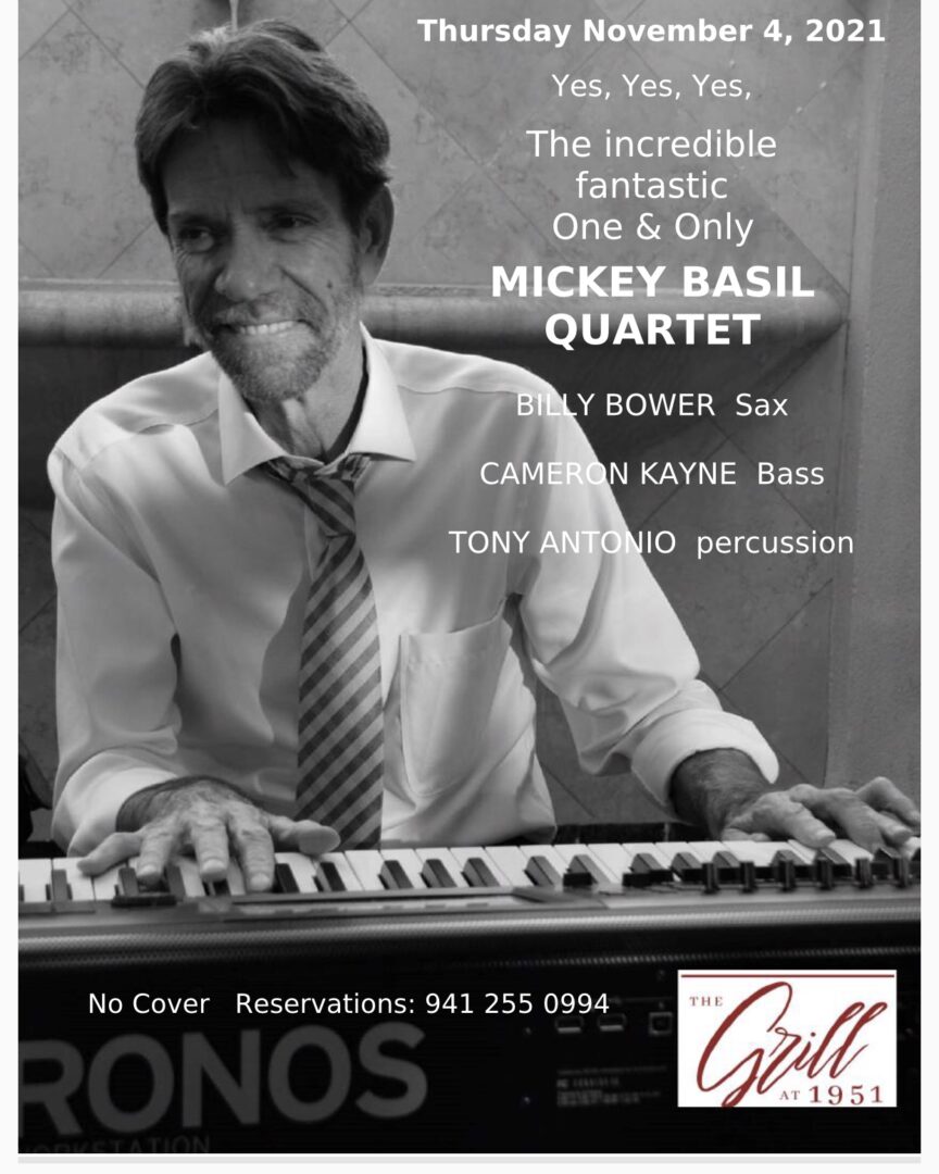 Black-and-white poster for Mickey Basil Quartet’s live performance at The Grill at 1951