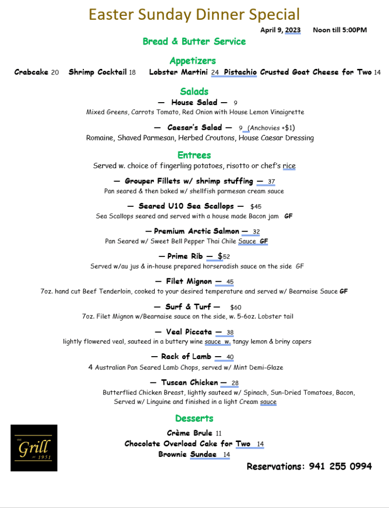 A menu of the restaurant, with several different types of food.