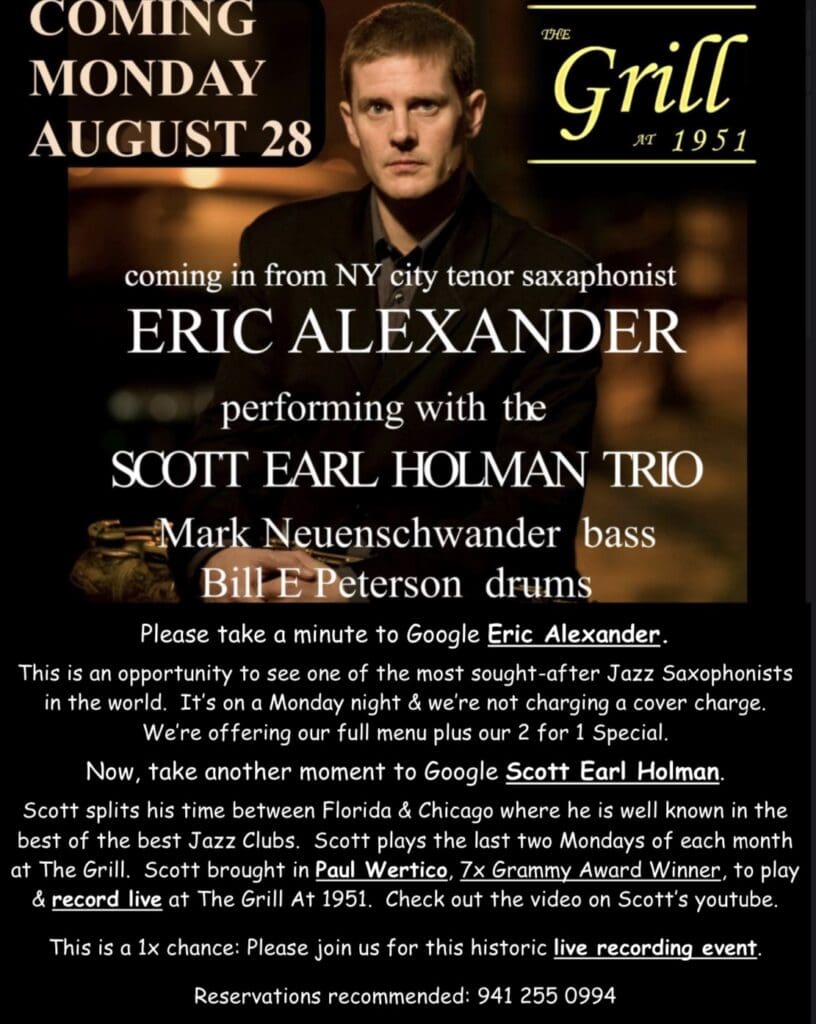 A poster for an upcoming concert featuring eric alexander.