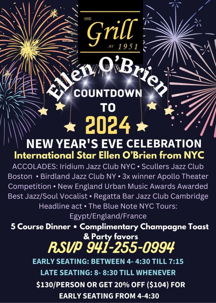 A flyer for an event with fireworks and the words " ellen o ' brien countdown to 2 0 2 4 new year 's eve celebration international star