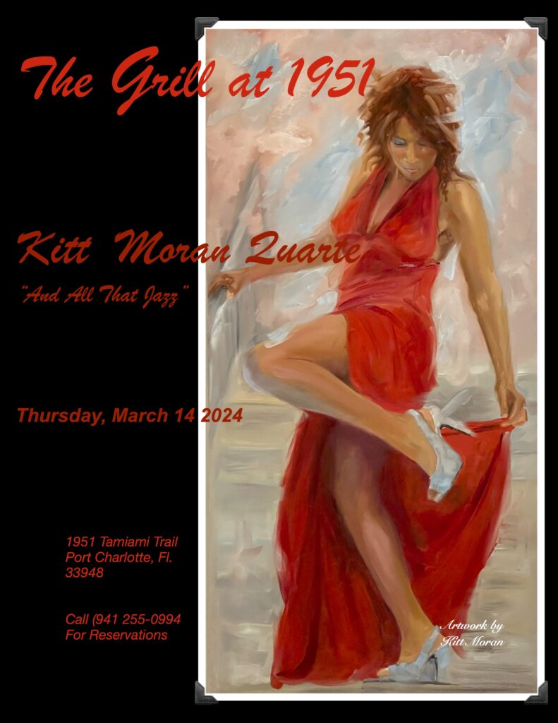 Thur﻿sday, February 15, 2024 ⭐️The Kitt Moran Quartet⭐️ 6-9pm An Artist & an exceptionally talented performer! Vocalist Kitt Moran and her husband, pianist Mike Moran, performing with Dominic Mancini on bass and Dane Hassan on drums. The Quartet draws a lot on the Great American Songbook, but also performs originals and newer songs by current jazz writers and musicians. Join us for this fantastic show! No Cover