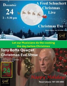 🎄⭐️Tony Boffa Quartet Christmas Eve Show⭐️🎄 Kenny Bartimioli - piano Cameron Kayne - upright bass Tony Antonio - drums December, 24, 2024 6-9pm Call For Reservations: 941-255-0994 Special Christmas Eve Dinner Menu www.thegrillat1951.com Happy Holidays!