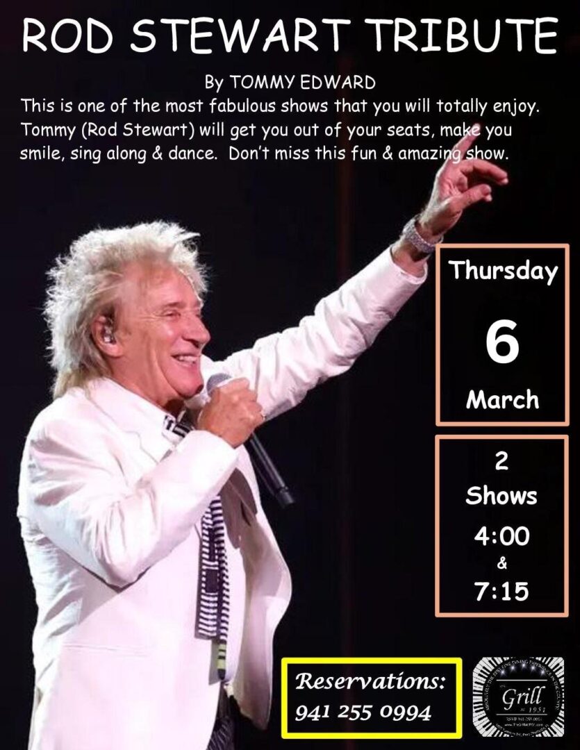 Rod Stewart Tribute by Tommy Edward March 6, 2025 at The Grill At 1951 Restaurant & Music in Port Charlotte, Florida.