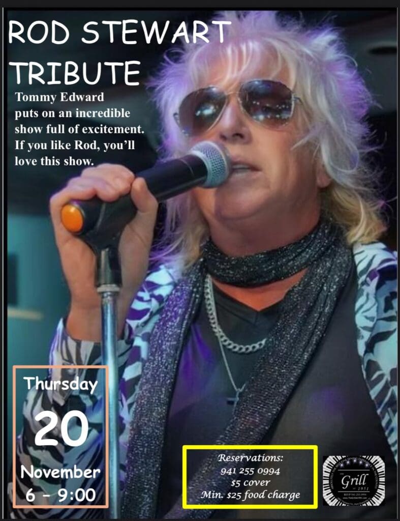 Rod Stewart tribute performer singing on stage.