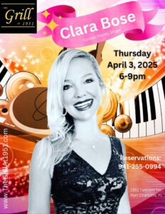 You wanted to know when she was coming back..... This is it... from Disney to our stage. ⭐️Clara Bose⭐️ Composer, Vocalist & Piano Thursday April 3, 2025 6 - 9:00 pm Reservations: 941 255 0994 Join us for a fantastic evening of fun, fabulous food & libations with Clara Bose Disney favorites & Clara's originals.