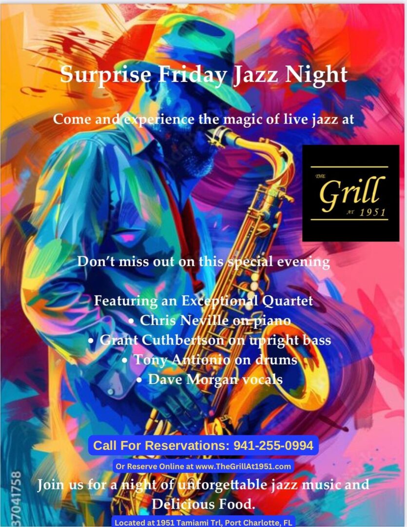 ⭐️Chris Neville on piano, the rich tones of ⭐️Grant Cuthbertson on upright bass, the dynamic beats of ⭐️Tony Antonio on drums, and the captivating vocals of ⭐️Dave Morgan. Each note will serenade you while you indulge in our exquisite menu, crafted to delight your palate. Friday, March 14, 2025 Port Charlotte, FL