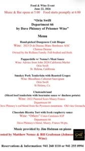 Menu for the Food & Wine Pairing Event ~
Bill Grafeman Johnson Brothers: Hosted by Matthew Nemec & Orin Swift & department 66 by Dave Phinney of Prisoner Wine.
Monday, June 22, 2026
5 Courses
Must have reservations: Call 941-255-0994 or reserve online at www.thegrillat1951.com
$139/person (does not include tax & gratuity)
Bar Opens & Music starts at 5pm with Jim Holman on the keys.
Dinner starts promptly at 6pm.
The Grill At 1951 Restaurant located at 1951 Tamiami Trail, Port Charlotte, FL