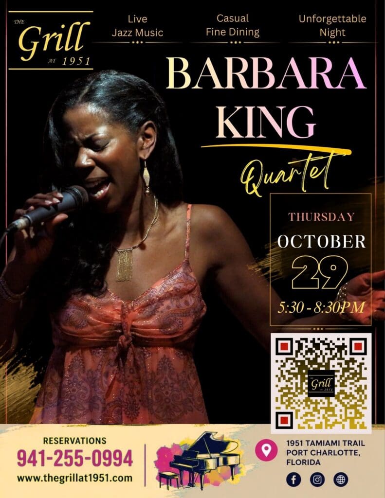 Barbara King performing live with her jazz quartet at The Grill At 1951 restaurant in Port Charlotte, Florida on Thursday, October 29, 2026.