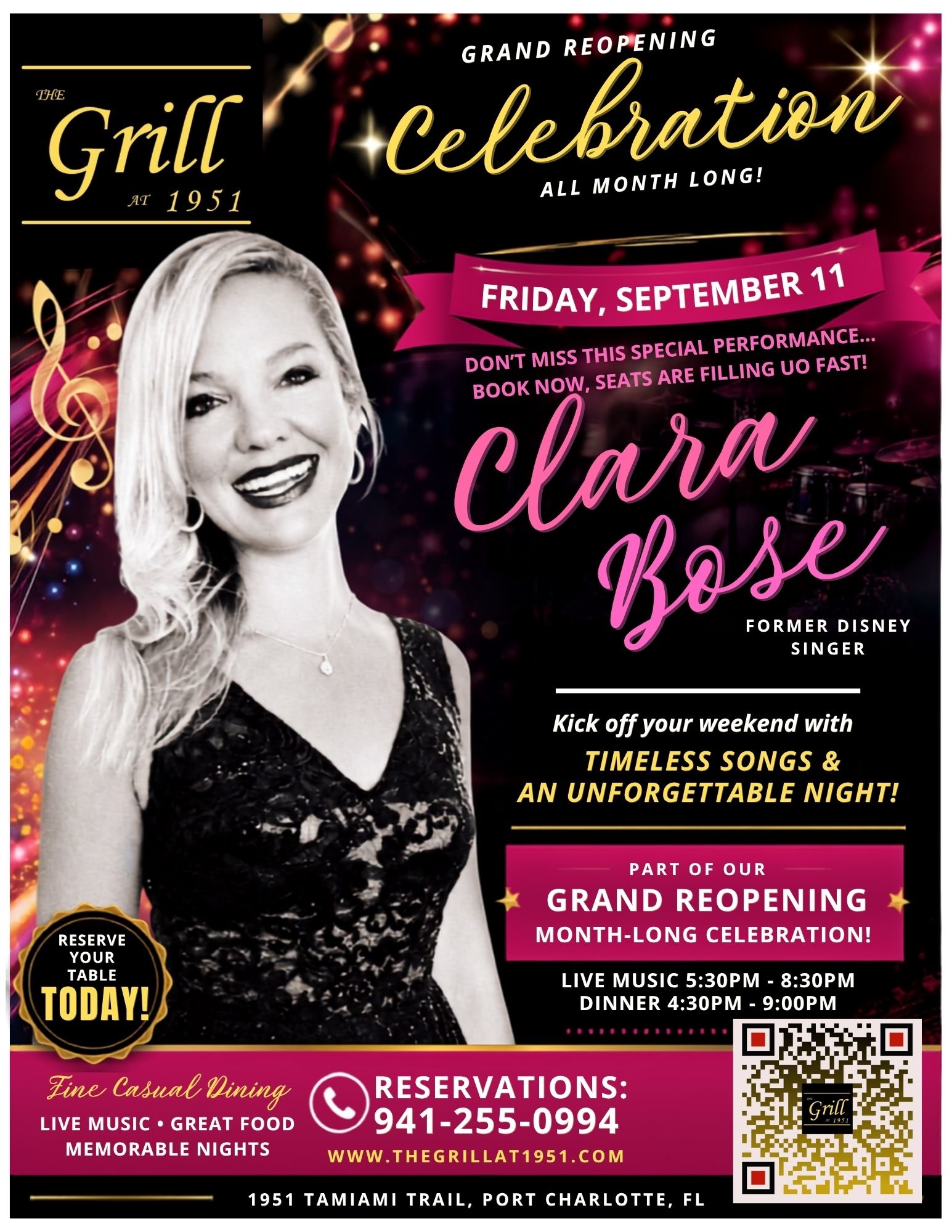 Clara Bose performing live during Grand Reopening Month Fridays at The Grill At 1951 in Port Charlotte Florida. Restaurant and Live Music Port Charlotte and Punta Gorda
